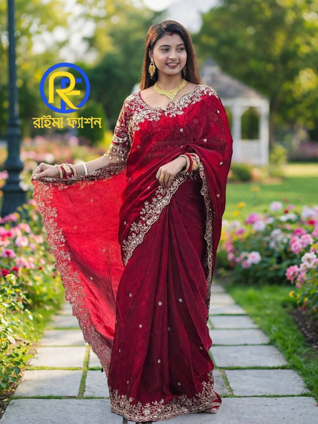 প্রিমিয়াম কোয়ালিটি ইন্ডিয়ান জিমিচু শাড়ি রেডি ব্লাউজ পাচ্ছেন সাথে