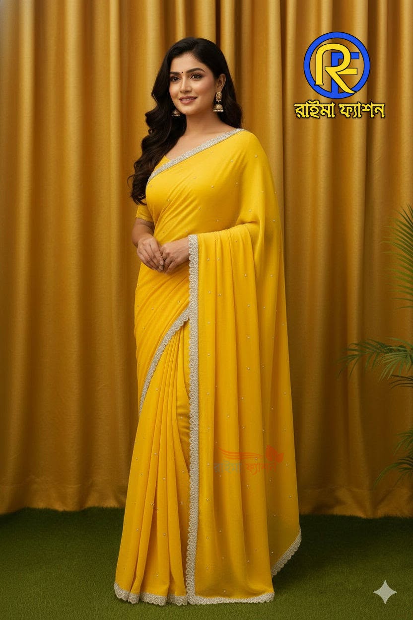 সফট জর্জেট শাড়ি গর্জিয়াস স্টোন বসানো ✅ চারপাশে আর্কষনীয় লেইজ লাগানো ✅১২ হাত শাড়ি ✅২ হাত ব্লাউজের কাপড় দেওয়া থাকবে