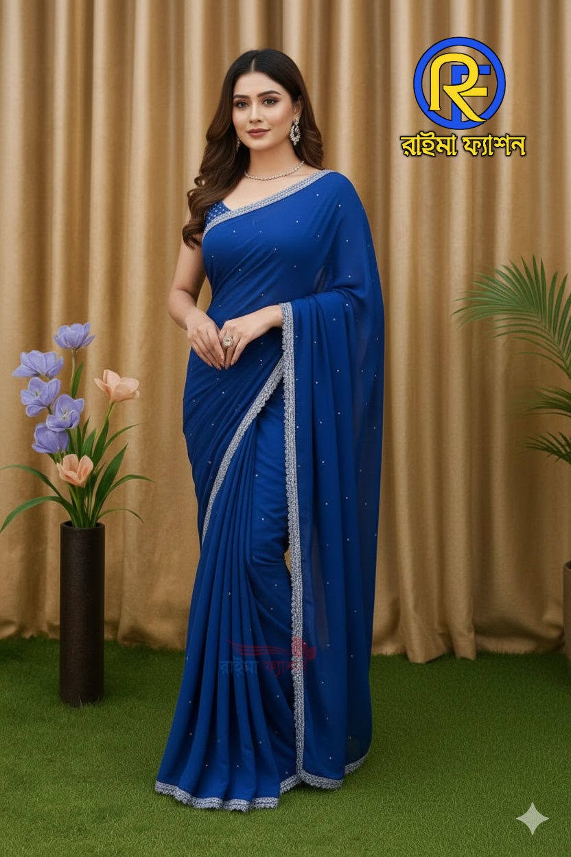 সফট জর্জেট শাড়ি গর্জিয়াস স্টোন বসানো ✅ চারপাশে আর্কষনীয় লেইজ লাগানো ✅১২ হাত শাড়ি ✅২ হাত ব্লাউজের কাপড় দেওয়া থাকবে