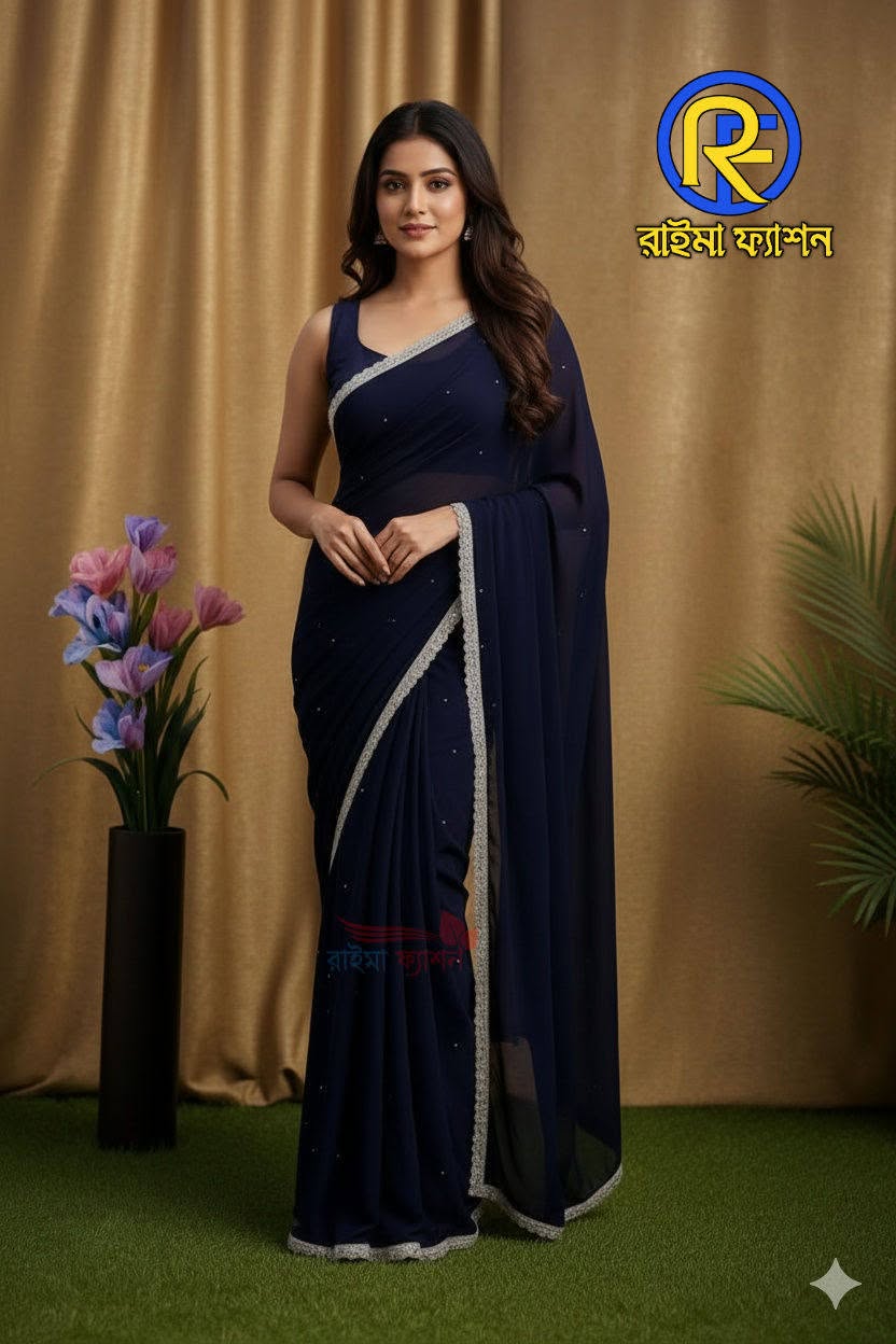 সফট জর্জেট শাড়ি গর্জিয়াস স্টোন বসানো ✅ চারপাশে আর্কষনীয় লেইজ লাগানো ✅১২ হাত শাড়ি ✅২ হাত ব্লাউজের কাপড় দেওয়া থাকবে