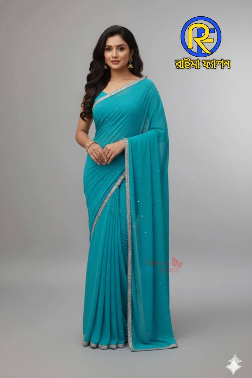সফট জর্জেট শাড়ি গর্জিয়াস স্টোন বসানো ✅ চারপাশে আর্কষনীয় লেইজ লাগানো ✅১২ হাত শাড়ি ✅২ হাত ব্লাউজের কাপড় দেওয়া থাকবে