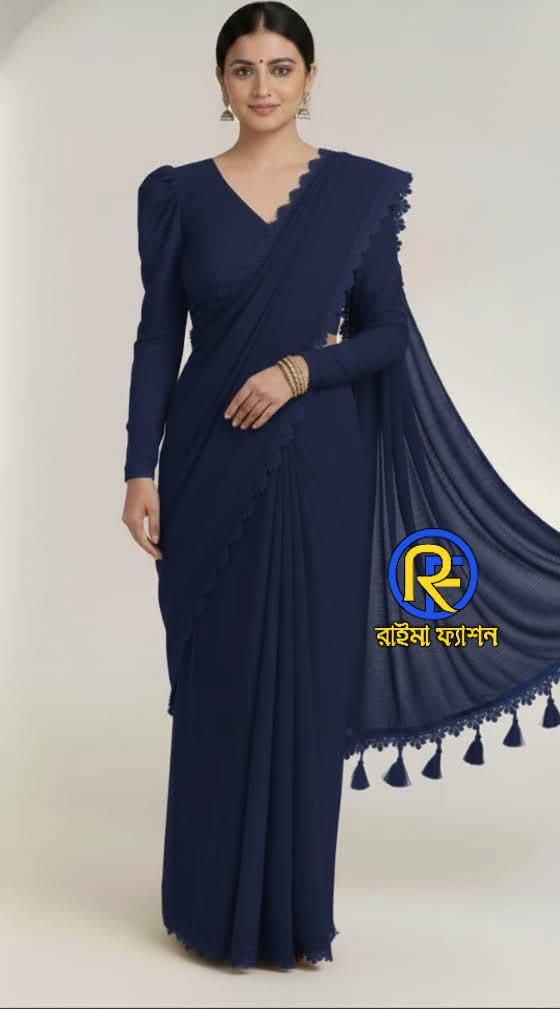 জর্জেট শাড়ি লেইস লাগানো ও স্টোন বসানো ব্লাউজ পিস সহ