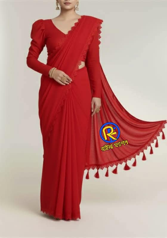 জর্জেট শাড়ি লেইস লাগানো ও স্টোন বসানো ব্লাউজ পিস সহ