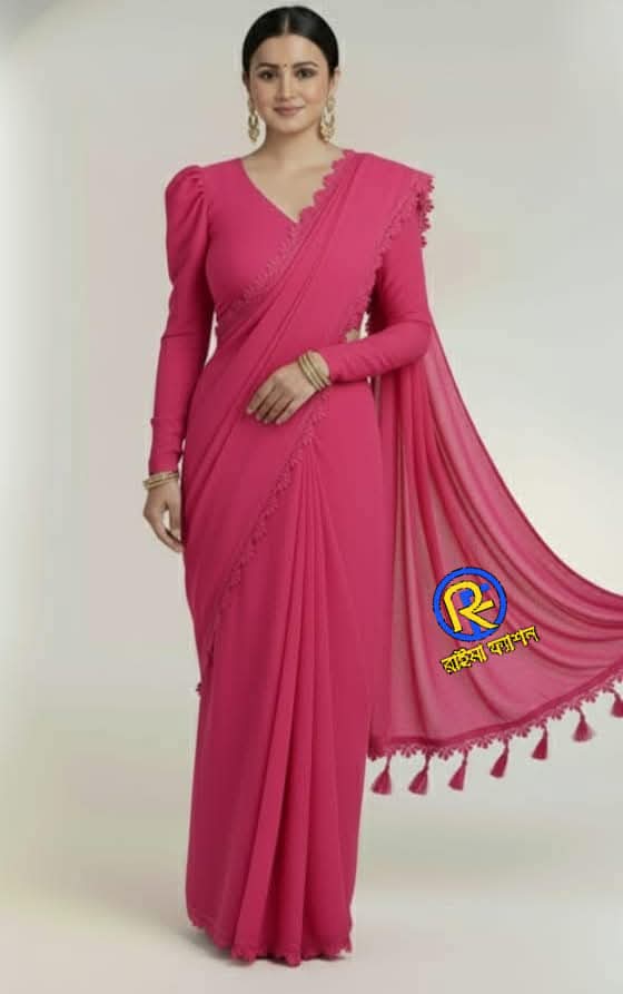 জর্জেট শাড়ি লেইস লাগানো ও স্টোন বসানো ব্লাউজ পিস সহ